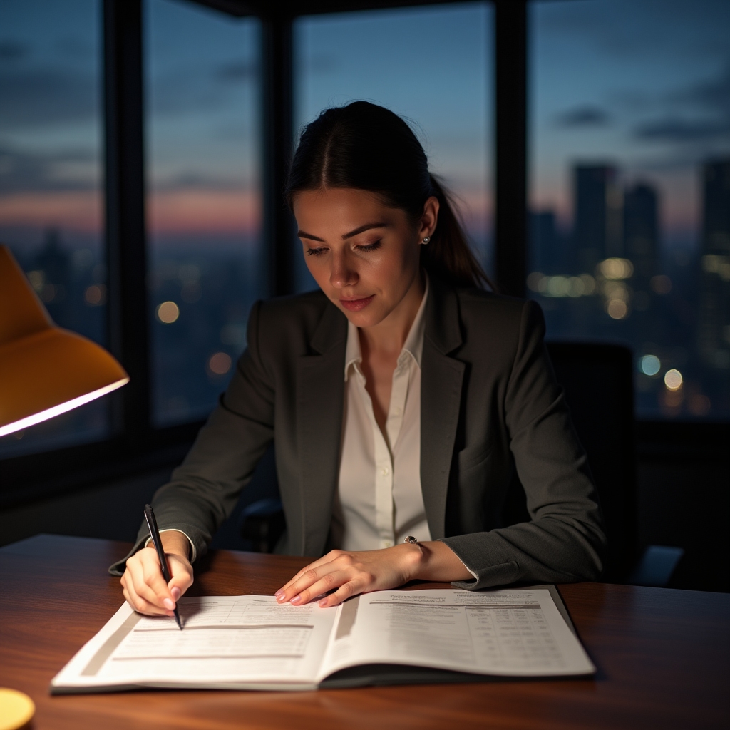 Profesionist în achiziții la birou, analizând documente de procurement