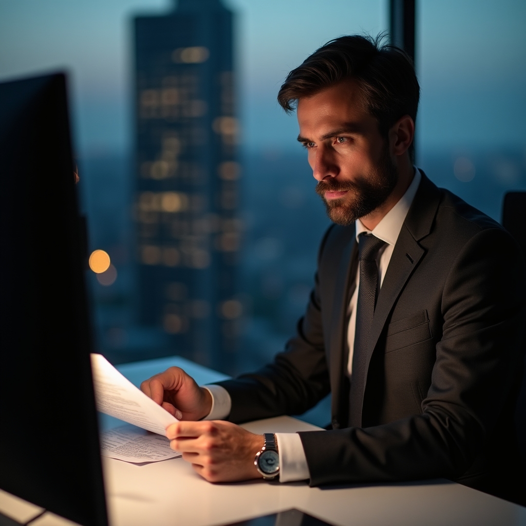 Profesionist în procurement la birou, studiind materiale de achiziții